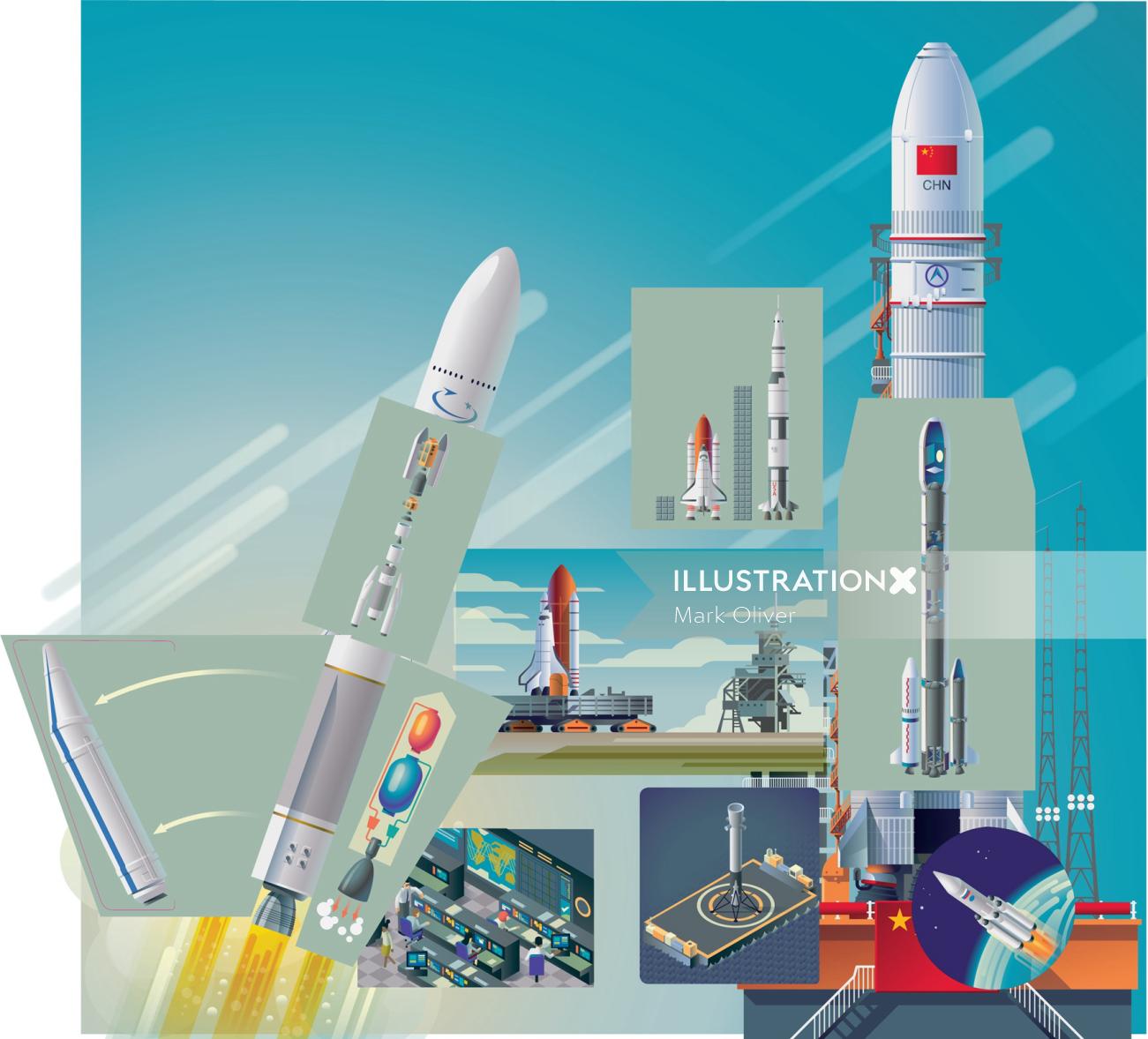 Diseño gráfico de cohete satelital por Mark Oliver