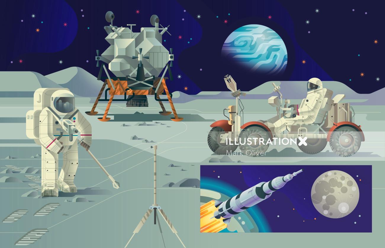 Astronautas dos desenhos animados na paisagem da superfície da lua