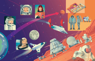 Ilustração gráfica de astronautas no espaço