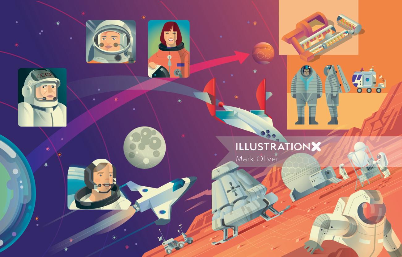 Graphic illustration of astronauts in space