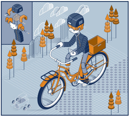 Graphic illustration of robot cycle riding