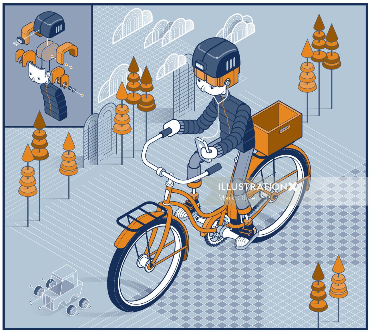 Graphic illustration of robot cycle riding