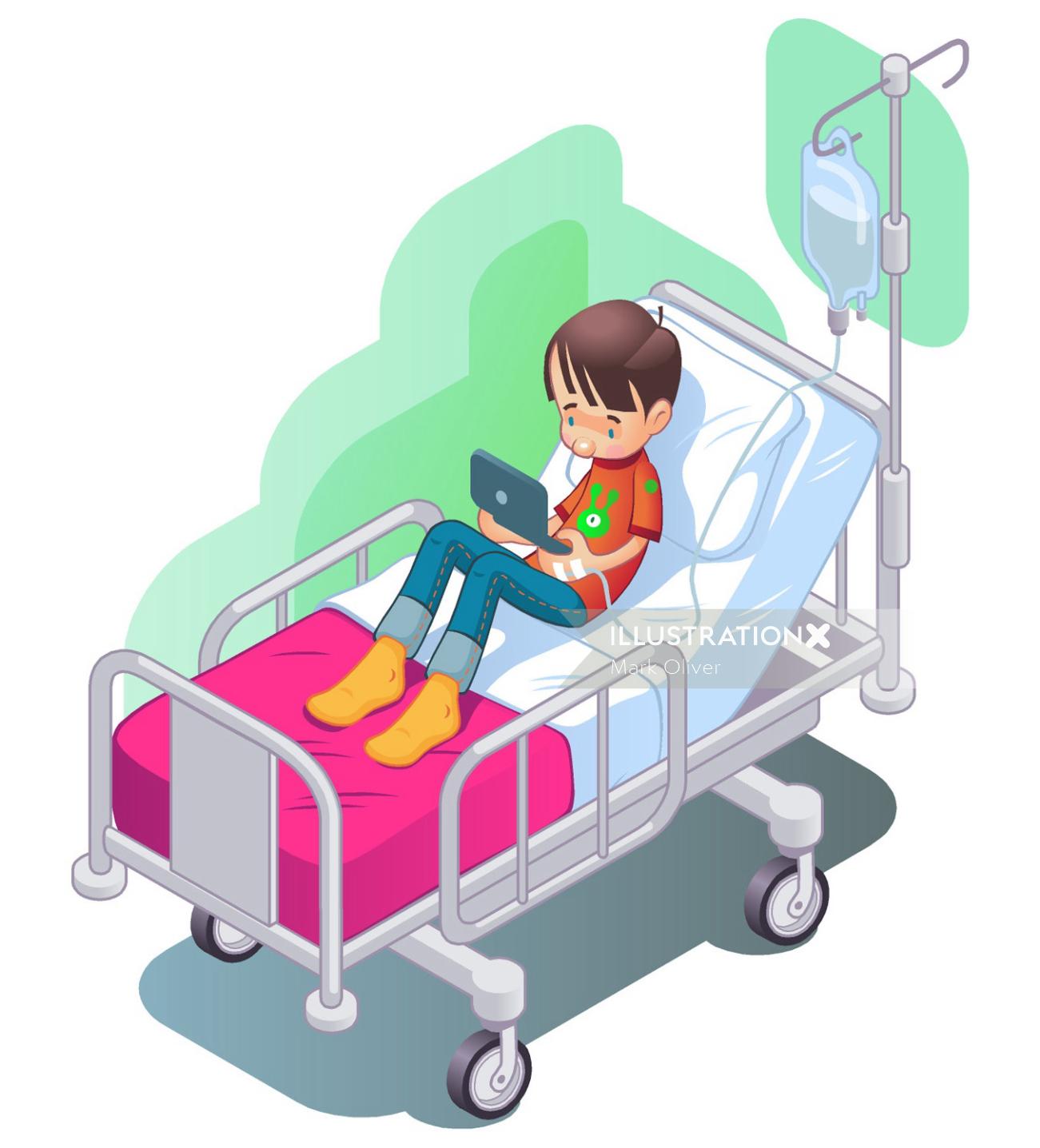 Ilustración de dibujos animados de niño en goteo intravenoso en el hospital