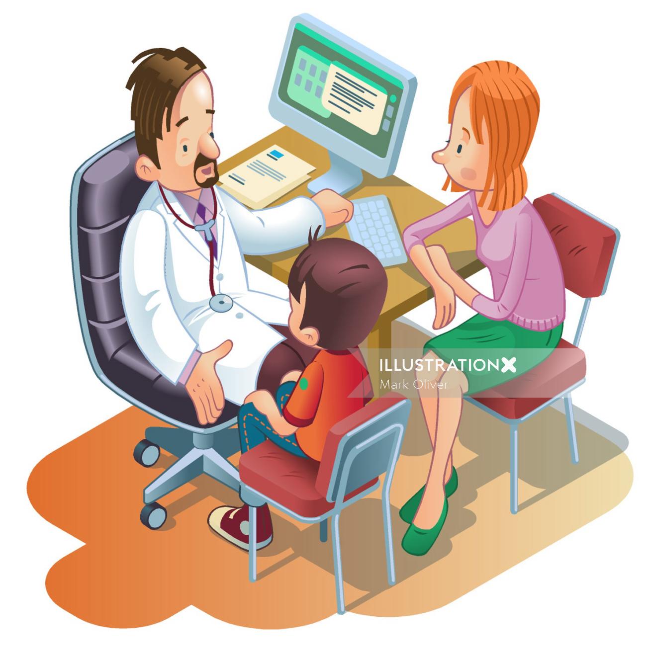 Doctor consulting to a young boy and his mother