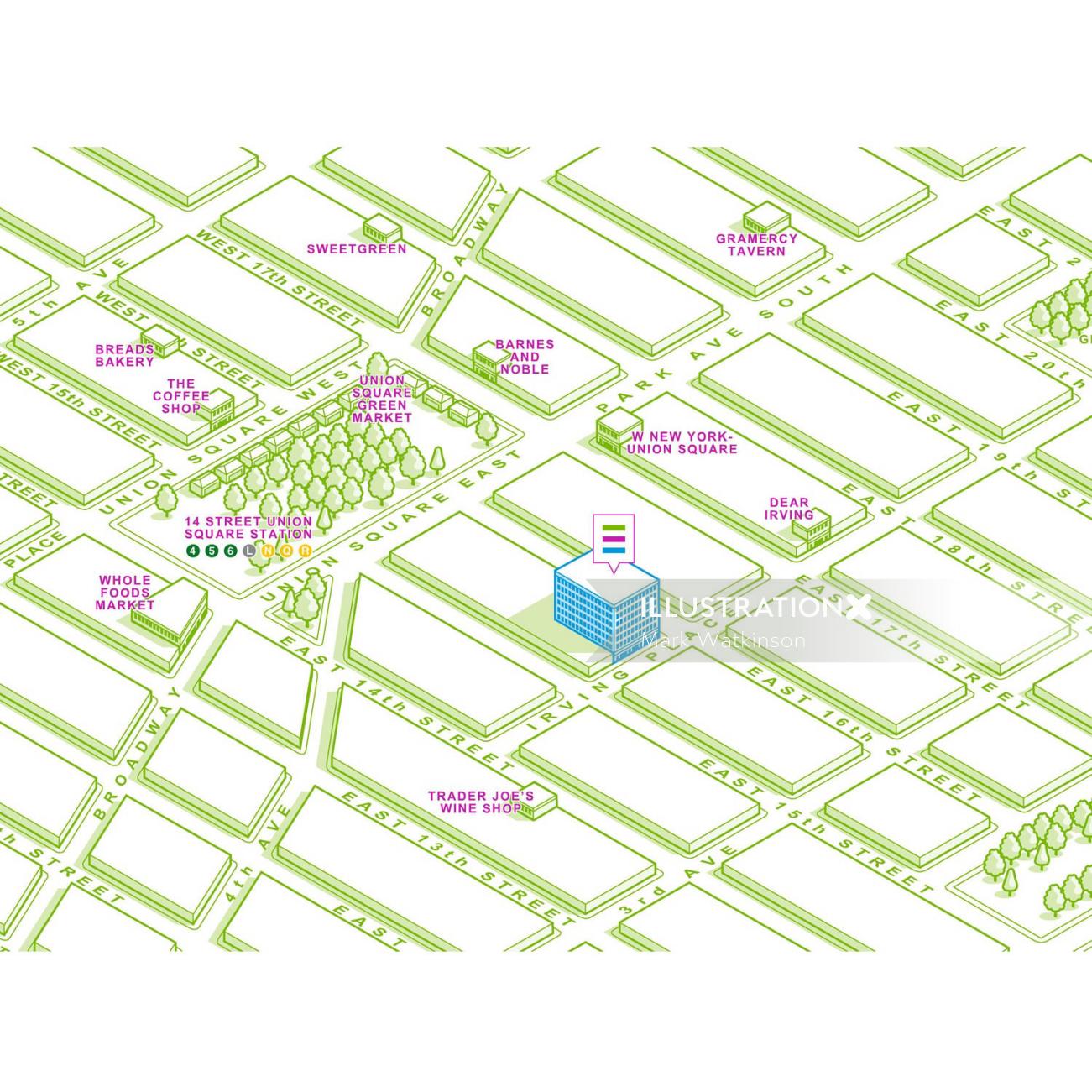 Ilustración de mapa de unión de 14 calles