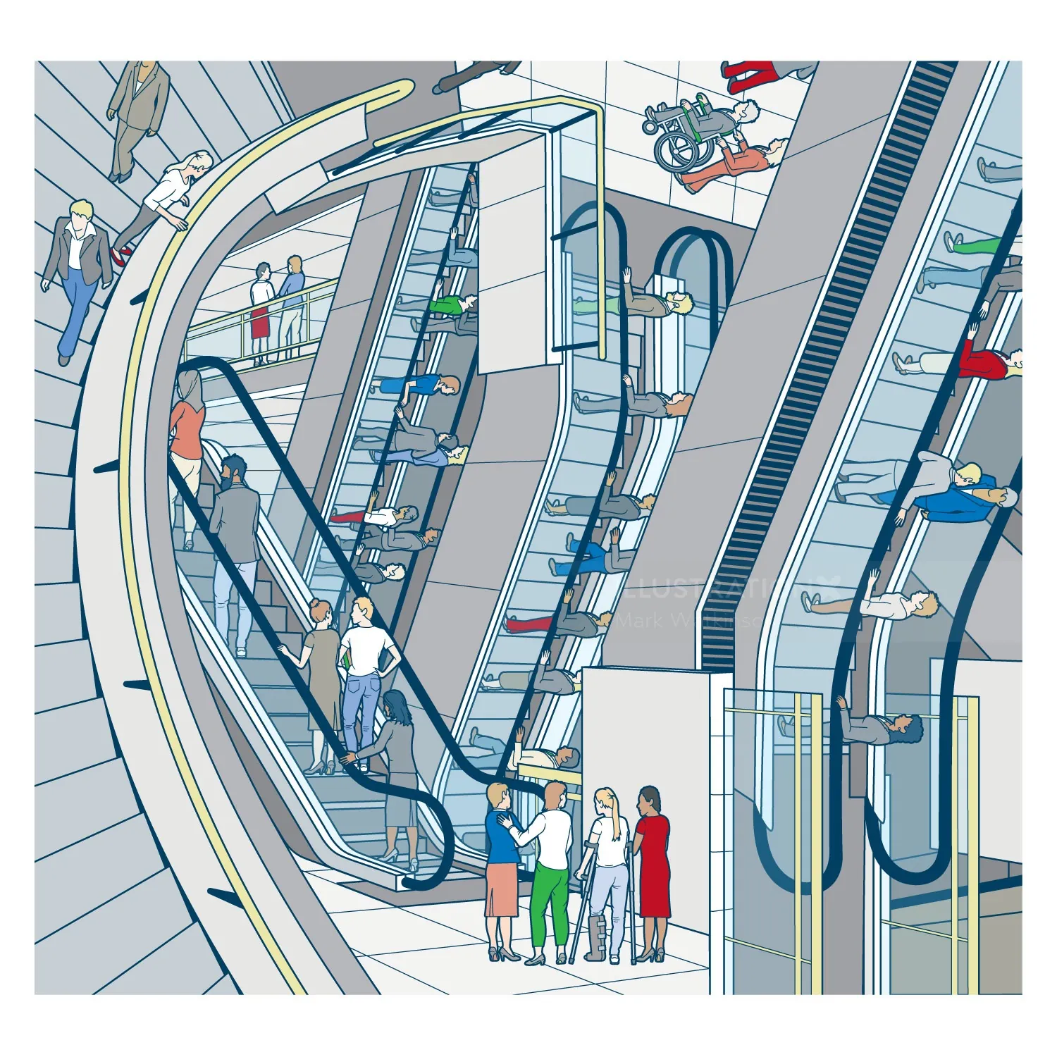 People using escalators in a modern building, illustration by Mark Watkinson