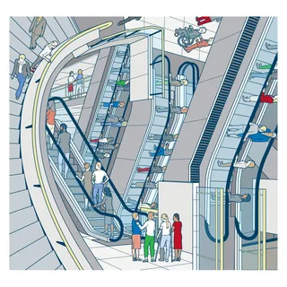 People using escalators in a modern building, illustration by Mark Watkinson