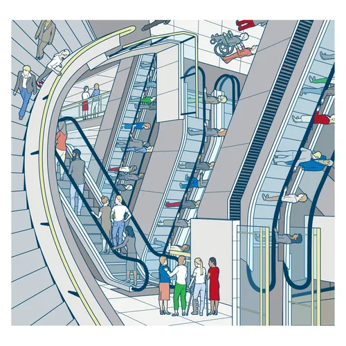 People using escalators in a modern building, illustration by Mark Watkinson