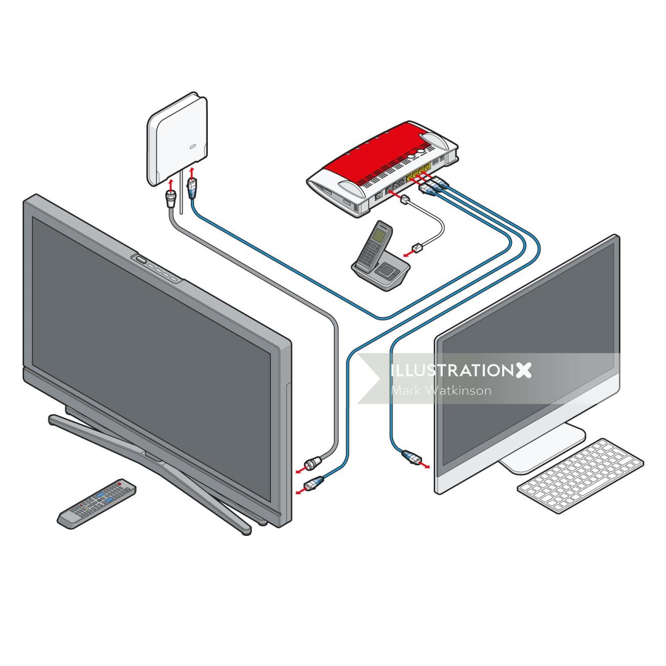Technical illustration of internet connection 