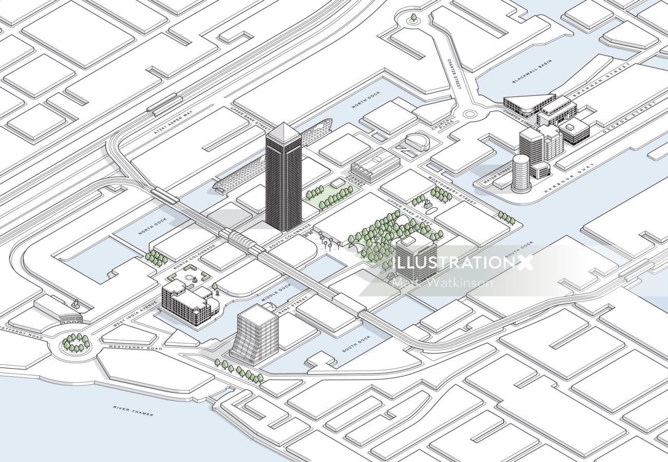 Ilustración de mapa de Canary Wharf