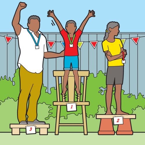 Swimming competition podium with children celebrating wins by Mark Watkinson