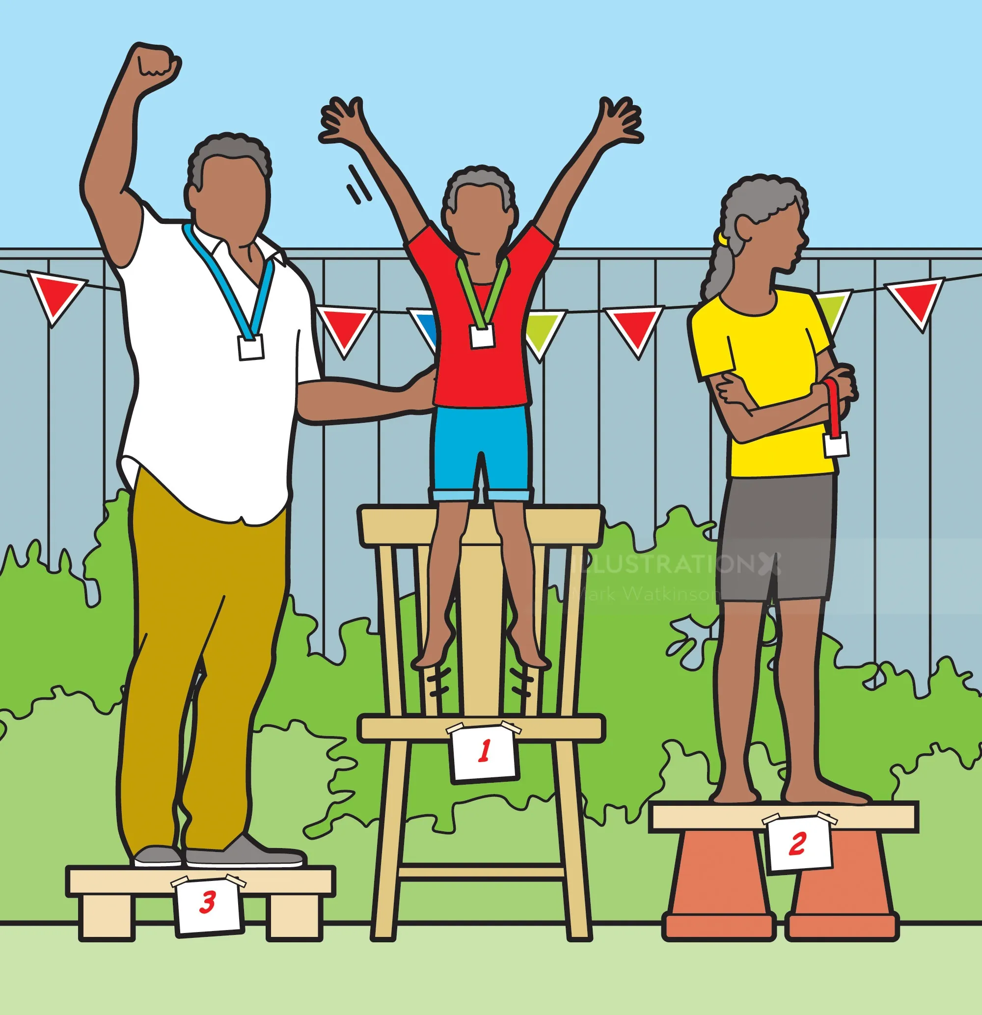 Swimming competition podium with children celebrating wins by Mark Watkinson