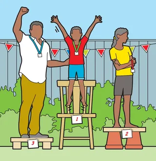 Swimming competition podium with children celebrating wins by Mark Watkinson