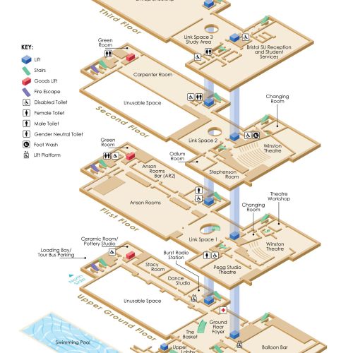 Isometric map of University of Bristol Students' Union building by Mark Watkinson