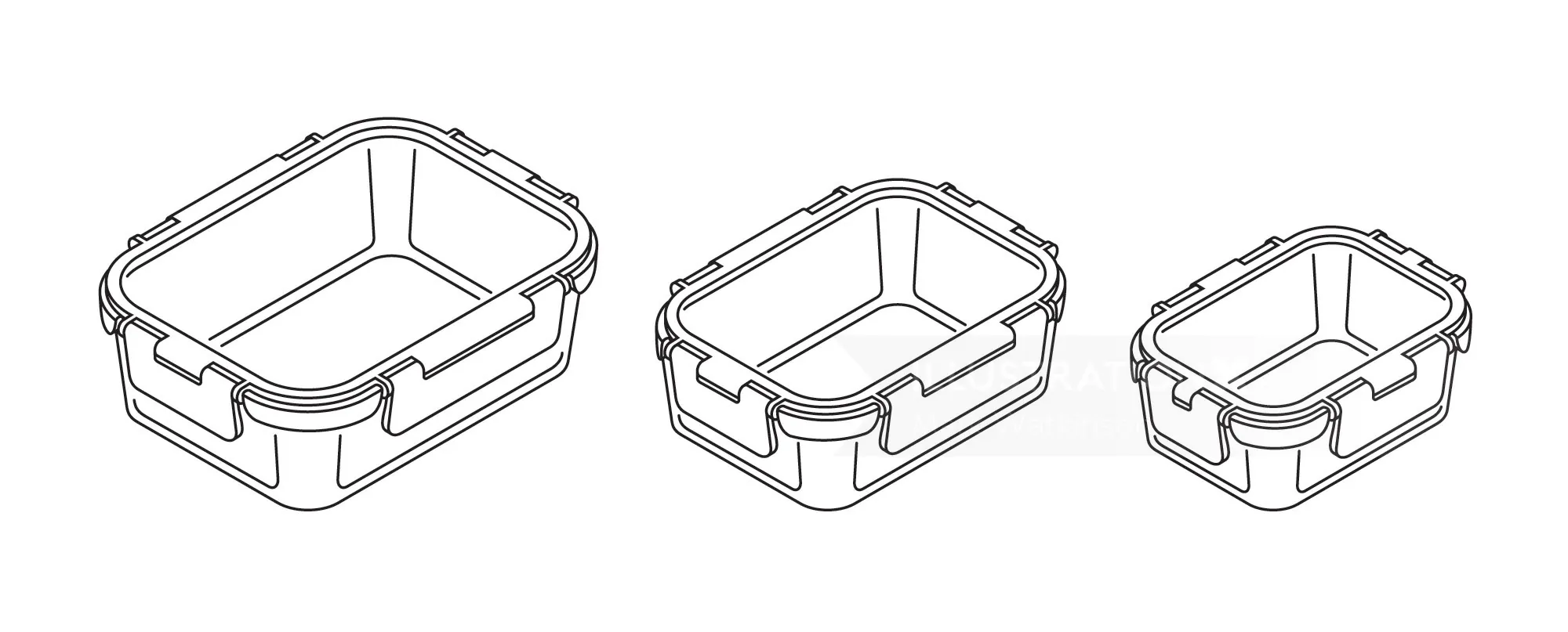 Line drawing of three plastic storage containers in different sizes by Mark Watkinson