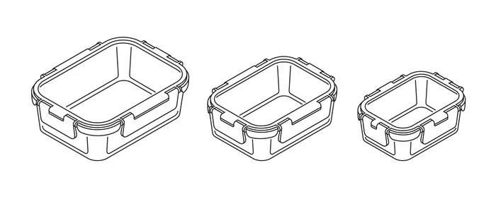 Line drawing of three plastic storage containers in different sizes by Mark Watkinson