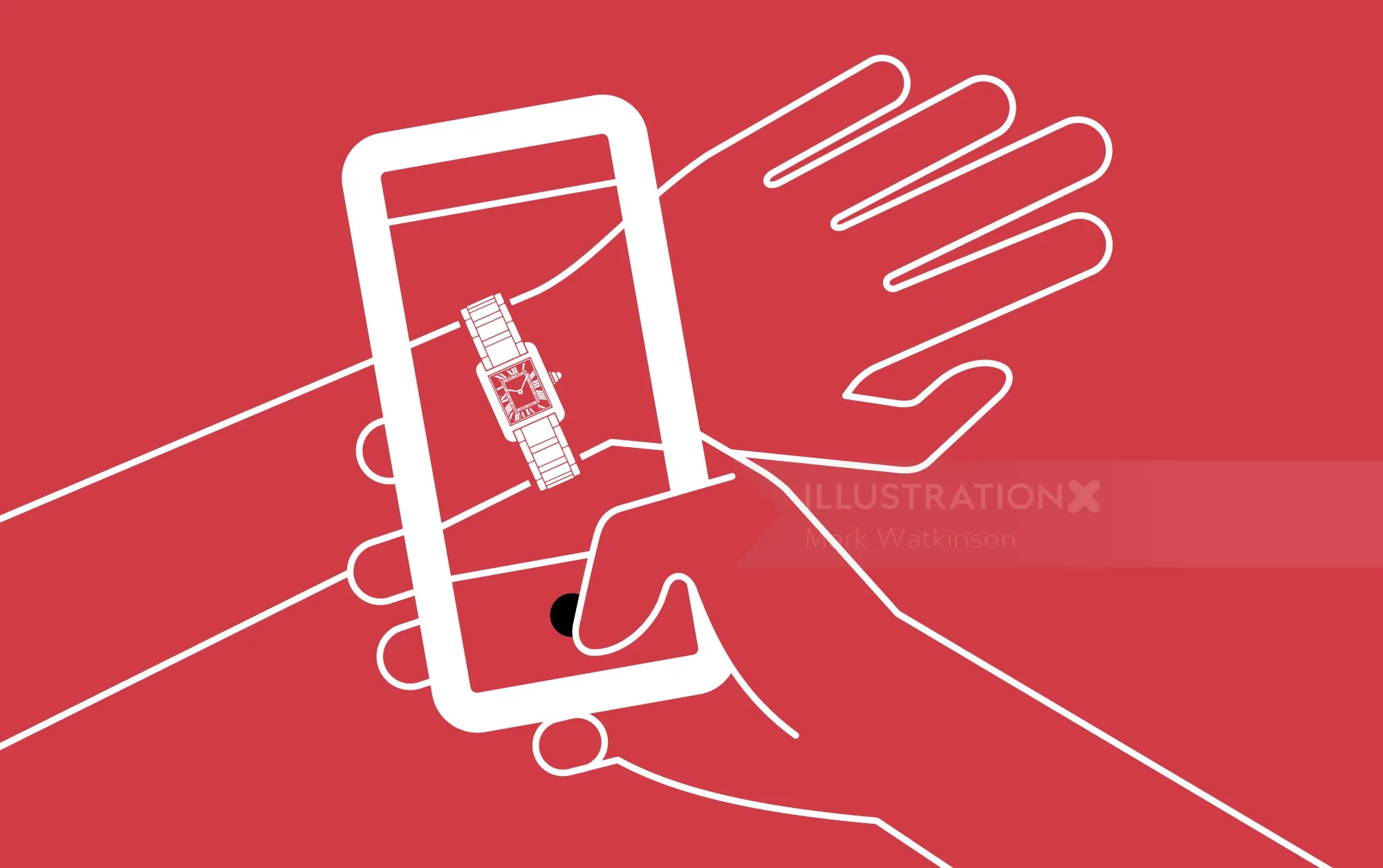 Hand holding smartphone displaying digital wristwatch illustration by Mark Watkinson