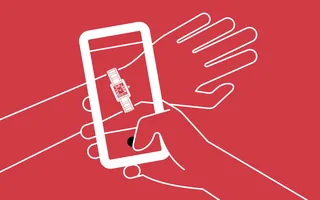 Hand holding smartphone displaying digital wristwatch illustration by Mark Watkinson