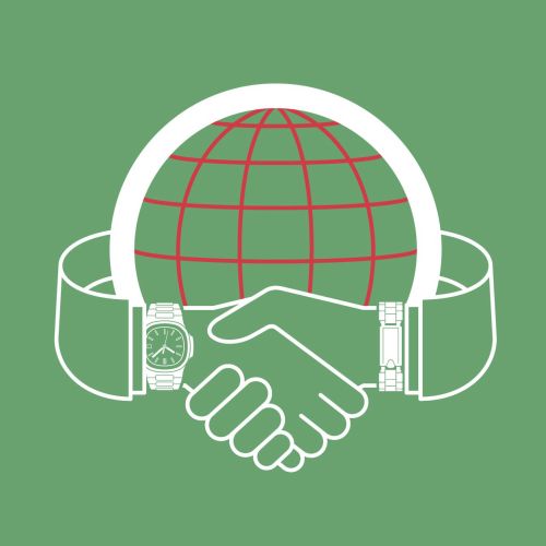 Illustration of two hands shaking with a globe and watches, by Mark Watkinson