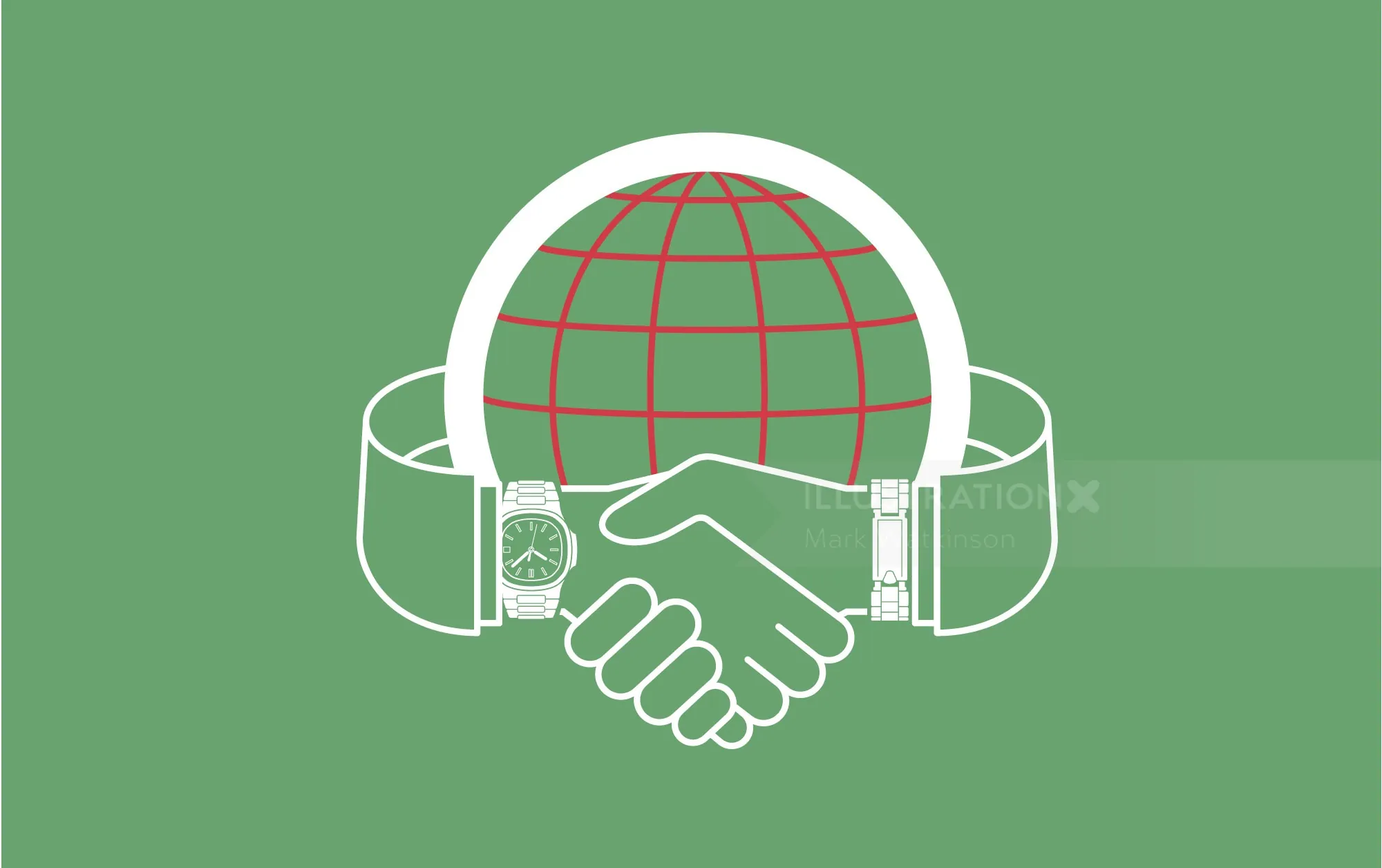 Illustration of two hands shaking with a globe and watches, by Mark Watkinson