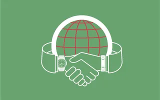 Illustration of two hands shaking with a globe and watches, by Mark Watkinson