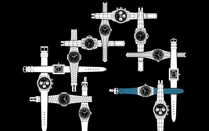 Illustration of various wristwatches by Mark Watkinson