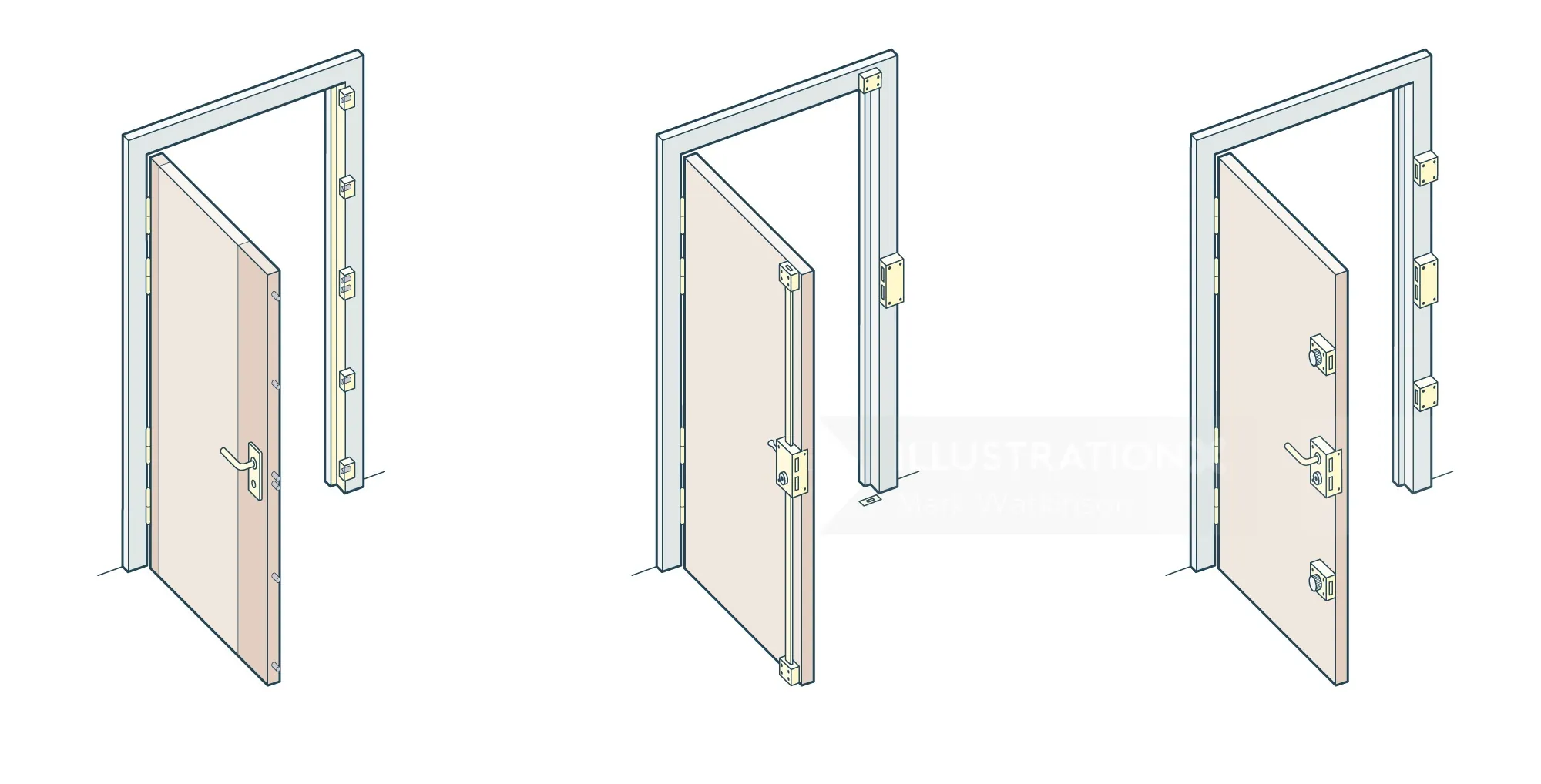 Illustration of three doors with different hinge types by Mark Watkinson