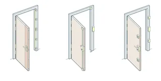 Illustration of three doors with different hinge types by Mark Watkinson