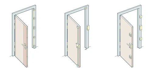 Illustration of three doors with different hinge types by Mark Watkinson