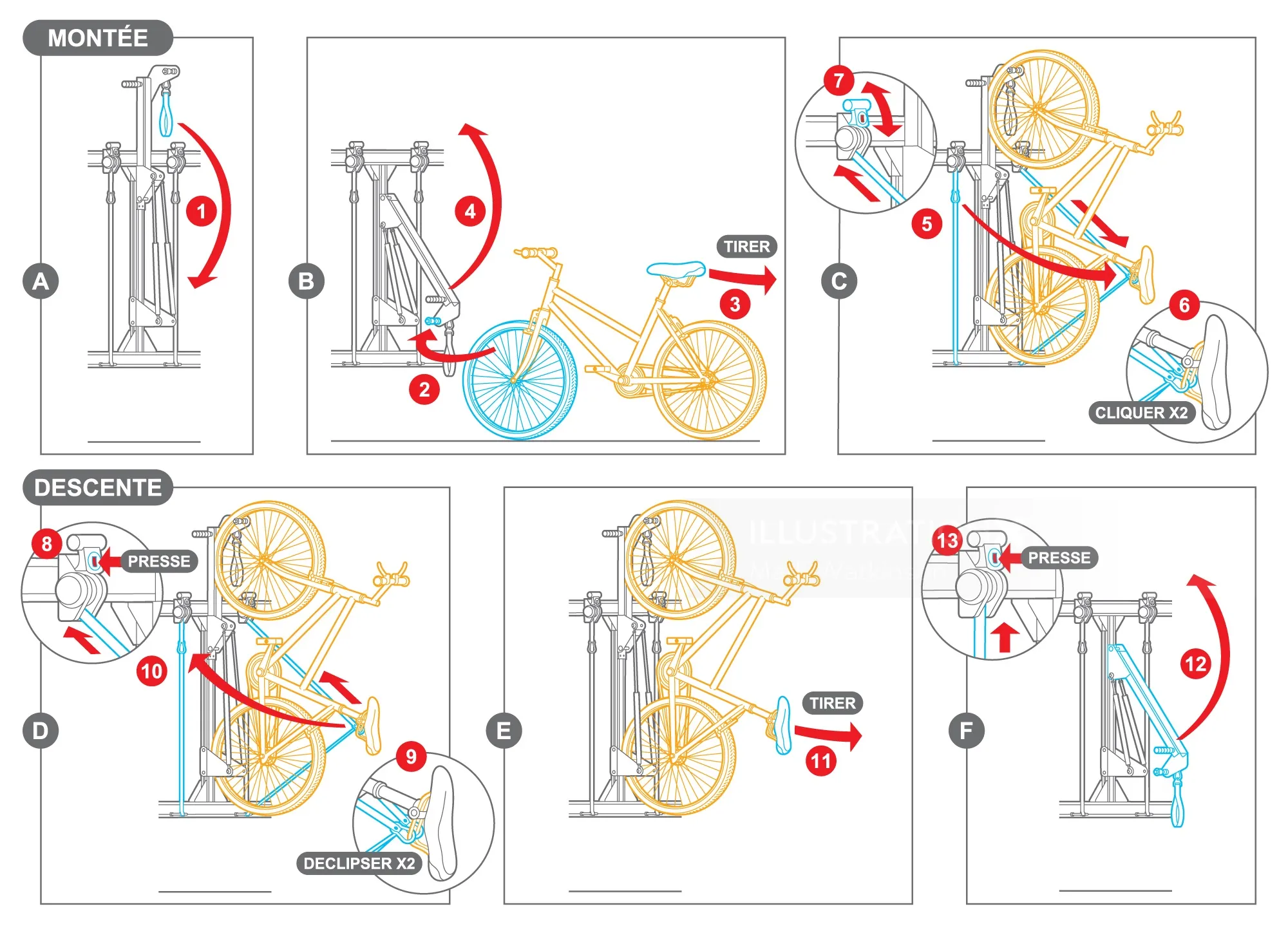 Step-by-step folding bicycle instructions illustration by Mark Watkinson
