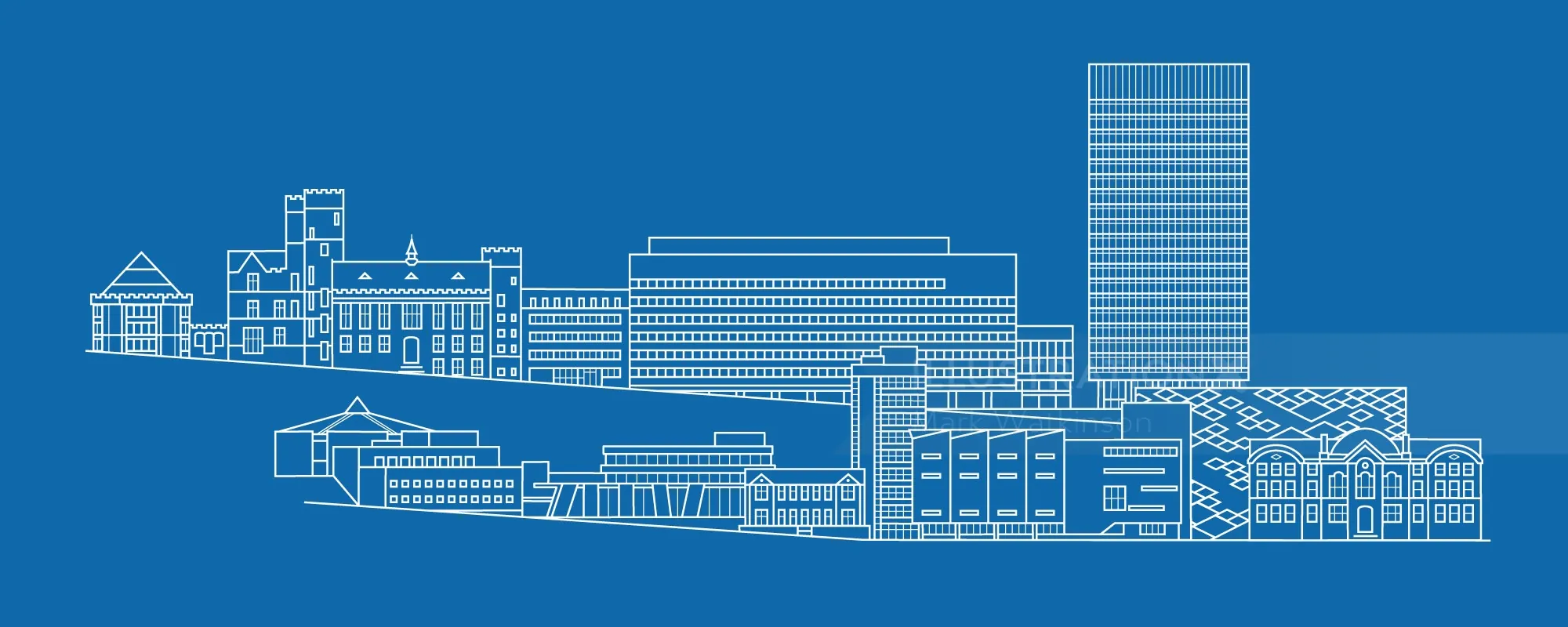 Blueprint-style city skyline illustration on blue background by Mark Watkinson