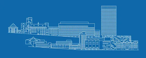 Blueprint-style city skyline illustration on blue background by Mark Watkinson