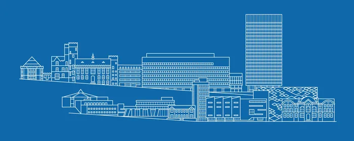 Blueprint-style city skyline illustration on blue background by Mark Watkinson