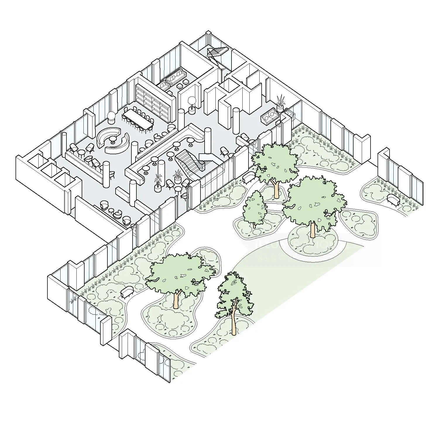 Isometric layout showing indoor rooms and outdoor garden area with trees