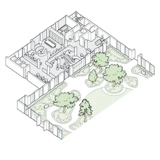 Isometric layout showing indoor rooms and outdoor garden area with trees