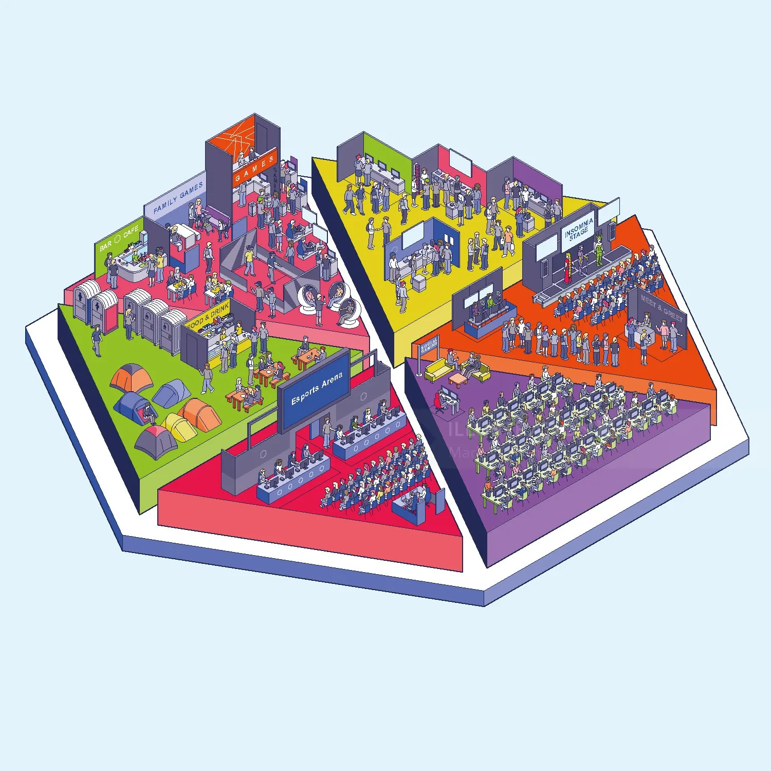 Isometric view of conference zones with people and presentation areas