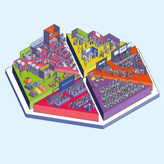 Isometric view of conference zones with people and presentation areas