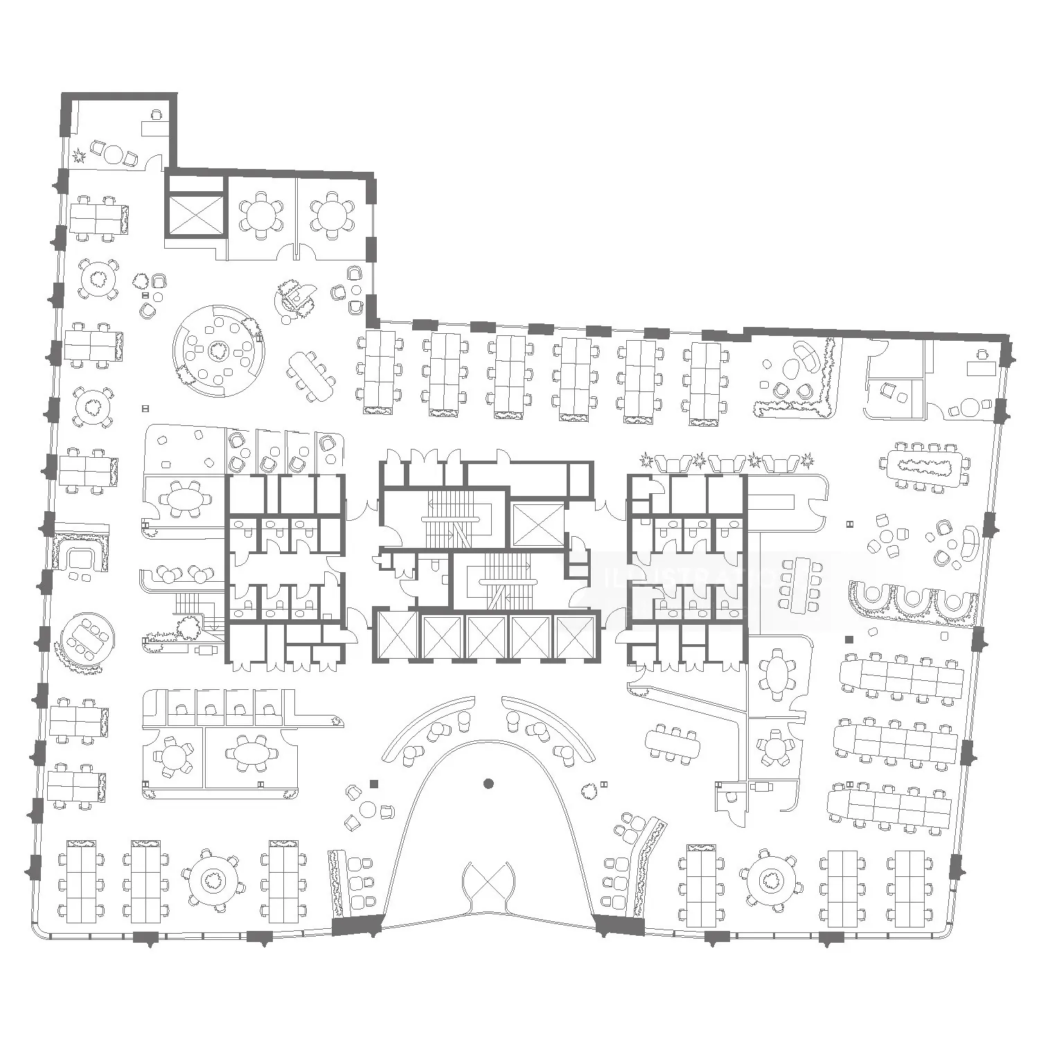 Office floor plan showing desks, meeting rooms, and common areas layout.
