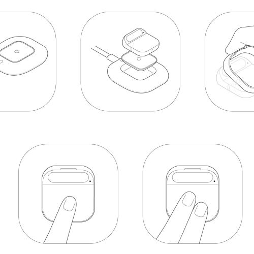 Wireless earbuds charging and pairing instructions illustration.