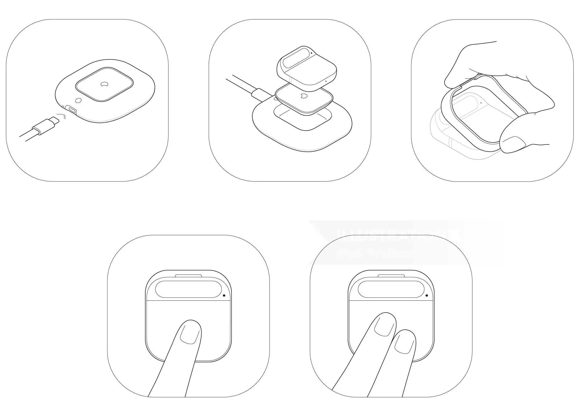 Wireless earbuds charging and pairing instructions illustration.