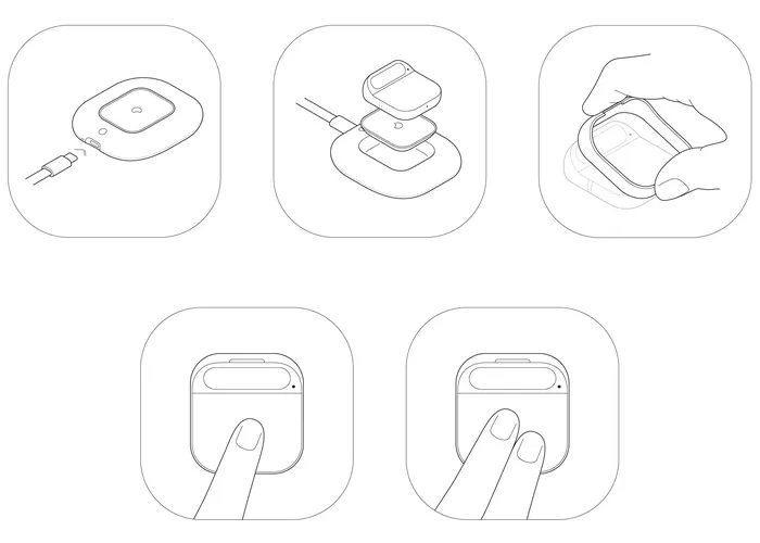Wireless earbuds charging and pairing instructions illustration.