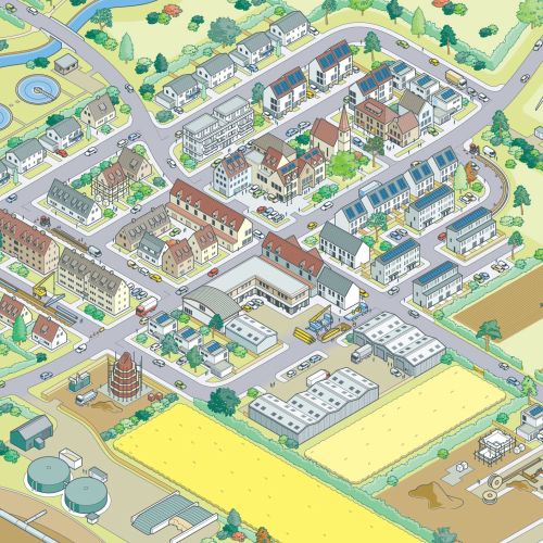 Isometric illustration showing suburban houses, farmland, and wind turbines