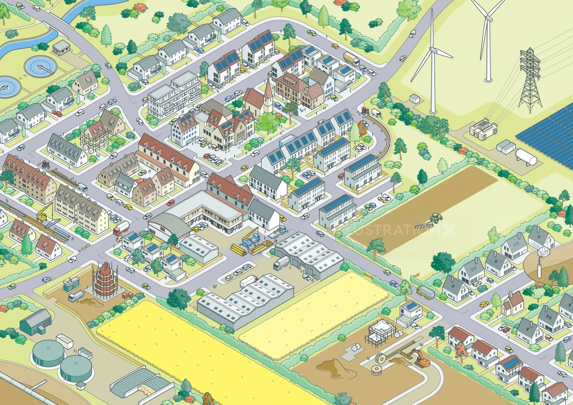 Isometric illustration showing suburban houses, farmland, and wind turbines