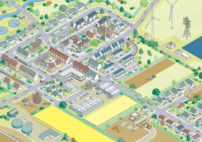 Isometric illustration showing suburban houses, farmland, and wind turbines