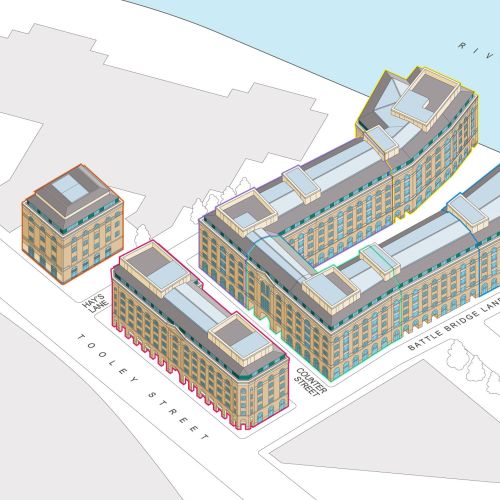 Isometric view of multi-story urban buildings with labeled streets