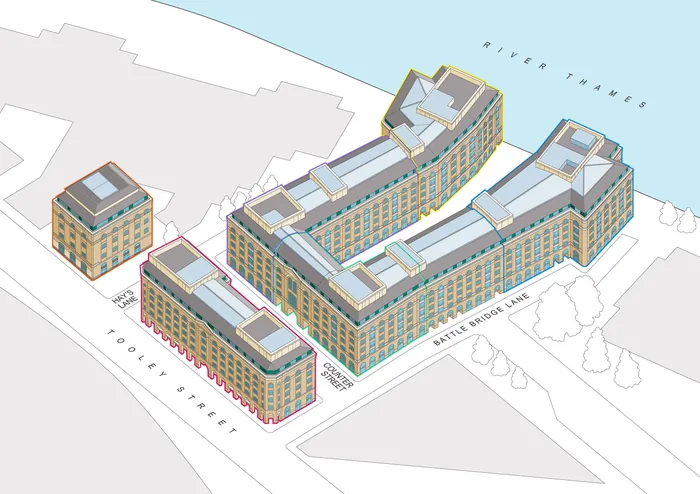 Isometric view of multi-story urban buildings with labeled streets