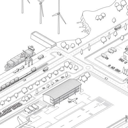 Isometric view of industrial area with trains, wind turbines, and buildings.