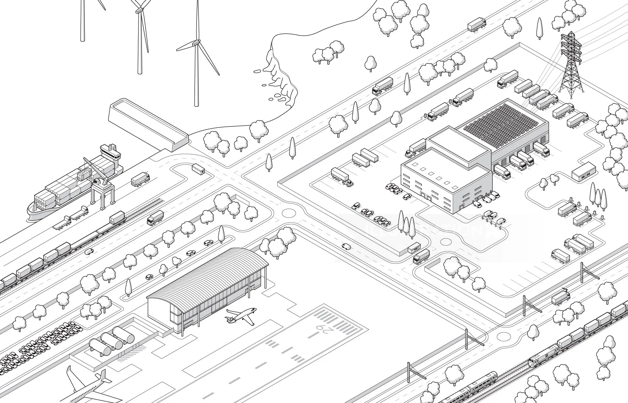 Isometric view of industrial area with trains, wind turbines, and buildings.