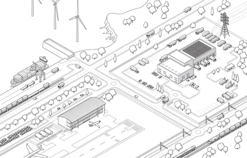 Isometric view of industrial area with trains, wind turbines, and buildings.