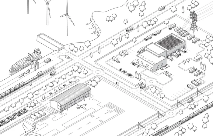 Isometric view of industrial area with trains, wind turbines, and buildings.
